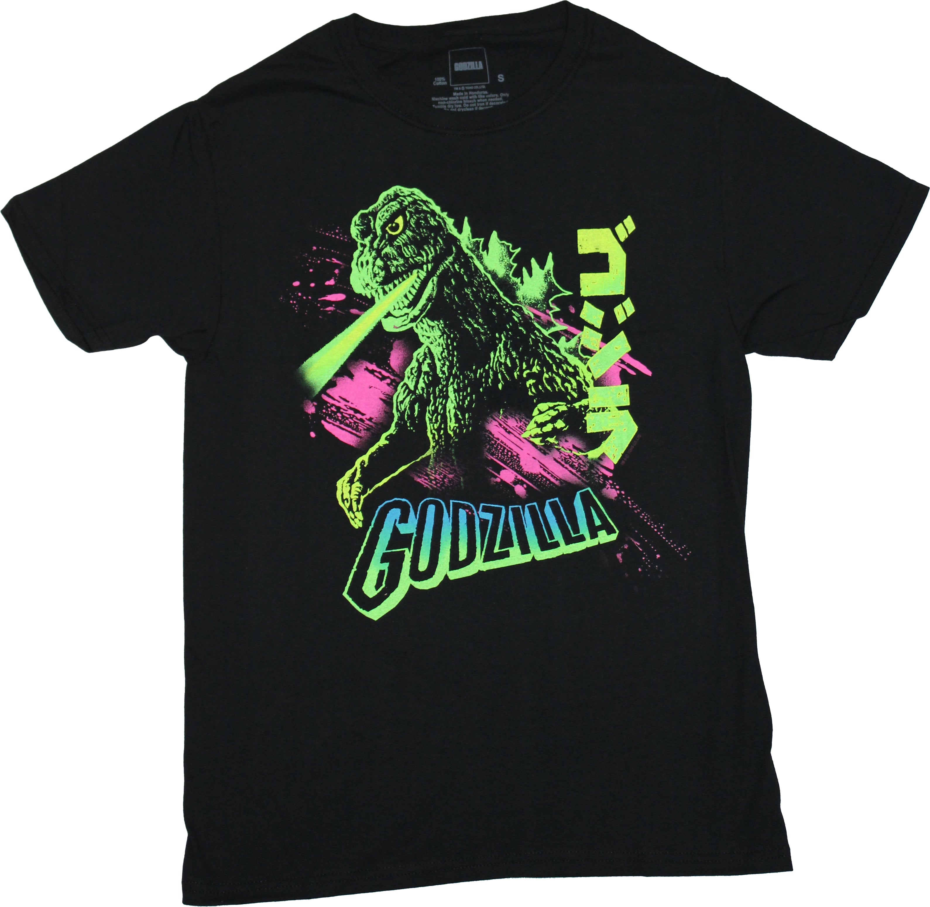 Godzilla Mens T-Shirt - Bright Neon Over Name With Kanji