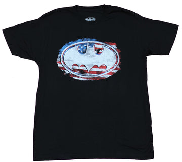 Batman Mens T-Shirt - Grayscale Oval Logo Over American Flag