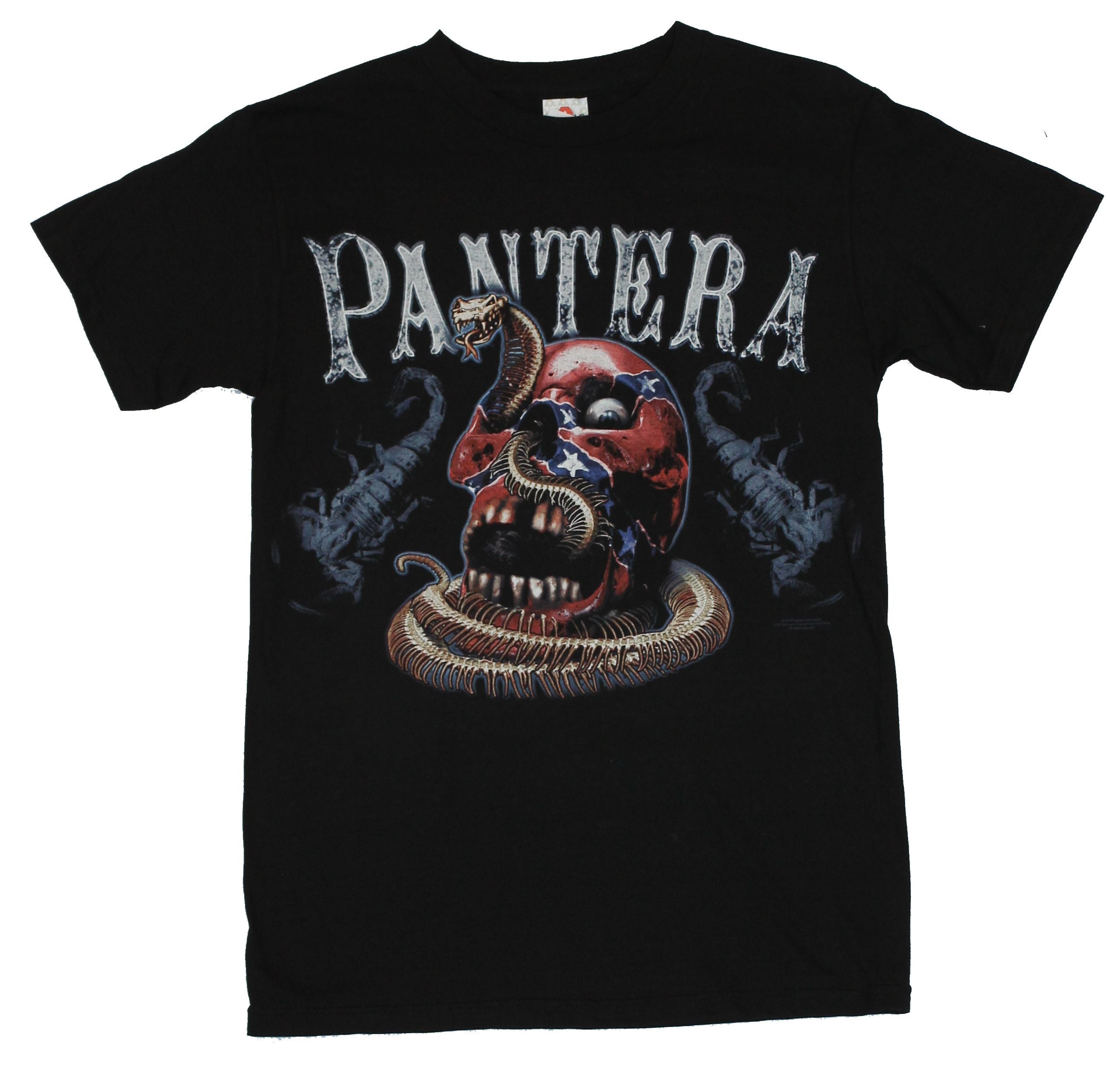 Pantera Mens T-Shirt - Skeleton Snake Encircling Flag Skull