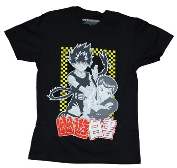 Yu Yu Hakusho Mens T-Shirt - Attacking Group Over Checkerboard Design