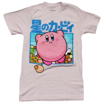 Kirby Mens T-Shirt - Puffy Kirby Under Blue Kanji in Blue Frame