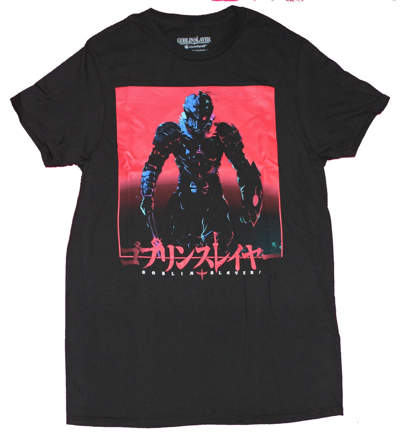 Goblin Slayer Mens T-Shirt - Approaching Knight Red Blue Box Over Kanji - Inmyparentsbasement.com