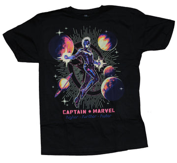 Captain Marvel Mens T-Shirt - Darkened Floating Amongst Planets Over Logo