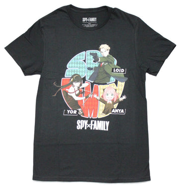Spy X Family Mens T-Shirt - Named Cast In Front of Checkered Logo