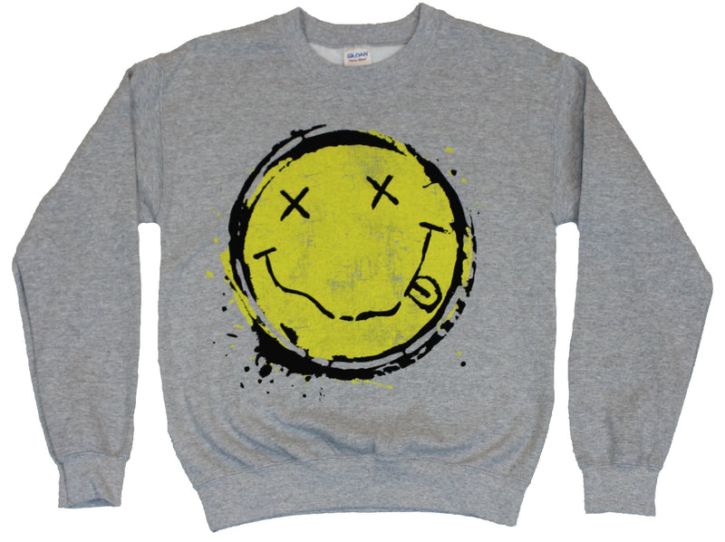 Nirvana Crewneck Sweatshirt - Classic Distressed Splattered X Eyed Smiley Image - Inmyparentsbasement.com