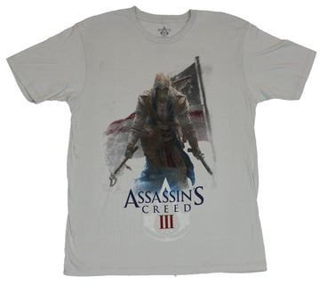 Assassin's Creed III Mens T-Shirt -  Assassin With Gun and Hatchet in Front of Flag