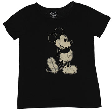Mickey Mouse (Disney) Girls Juniors Scoop Neck T-Shirt - Coy Disressed Mickey