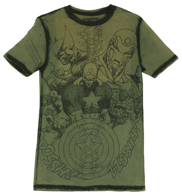 Captain America Mens T-Shirt  -With Wolverine and Iron Man on Military Green