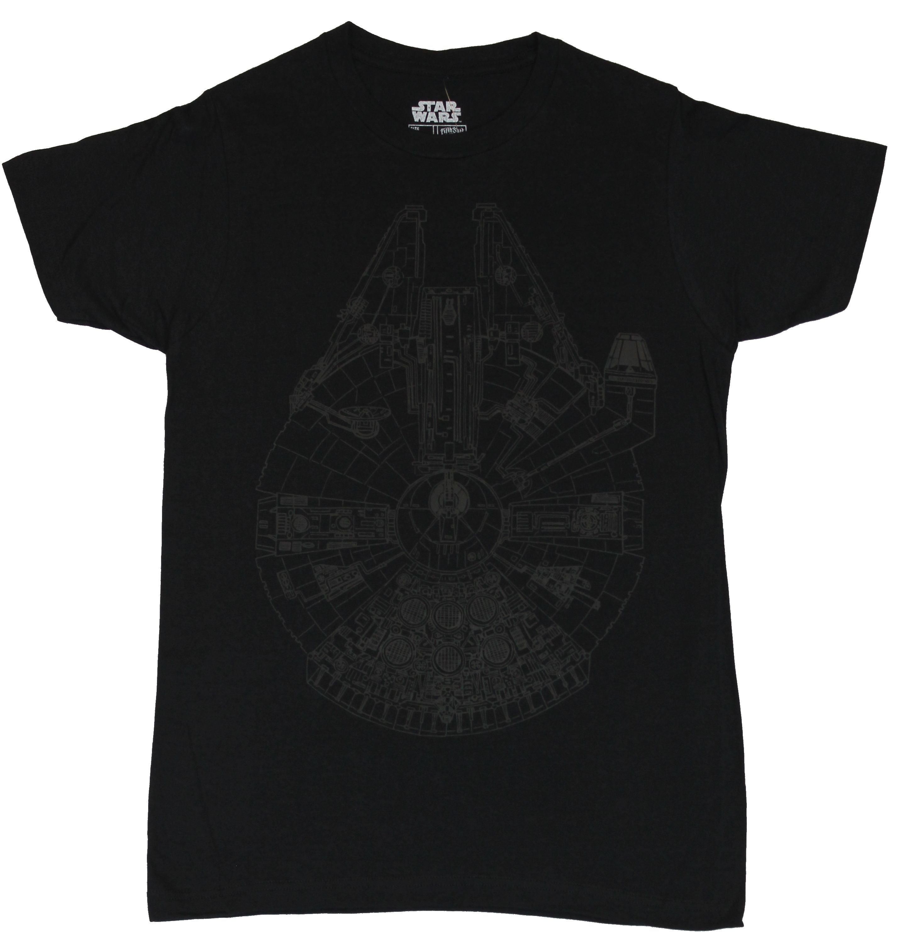 Star Wars Mens T-Shirt - Black on Black Line Print Millenium Falcon Overview