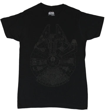 Star Wars Mens T-Shirt - Black on Black Line Print Millennium Falcon Overview