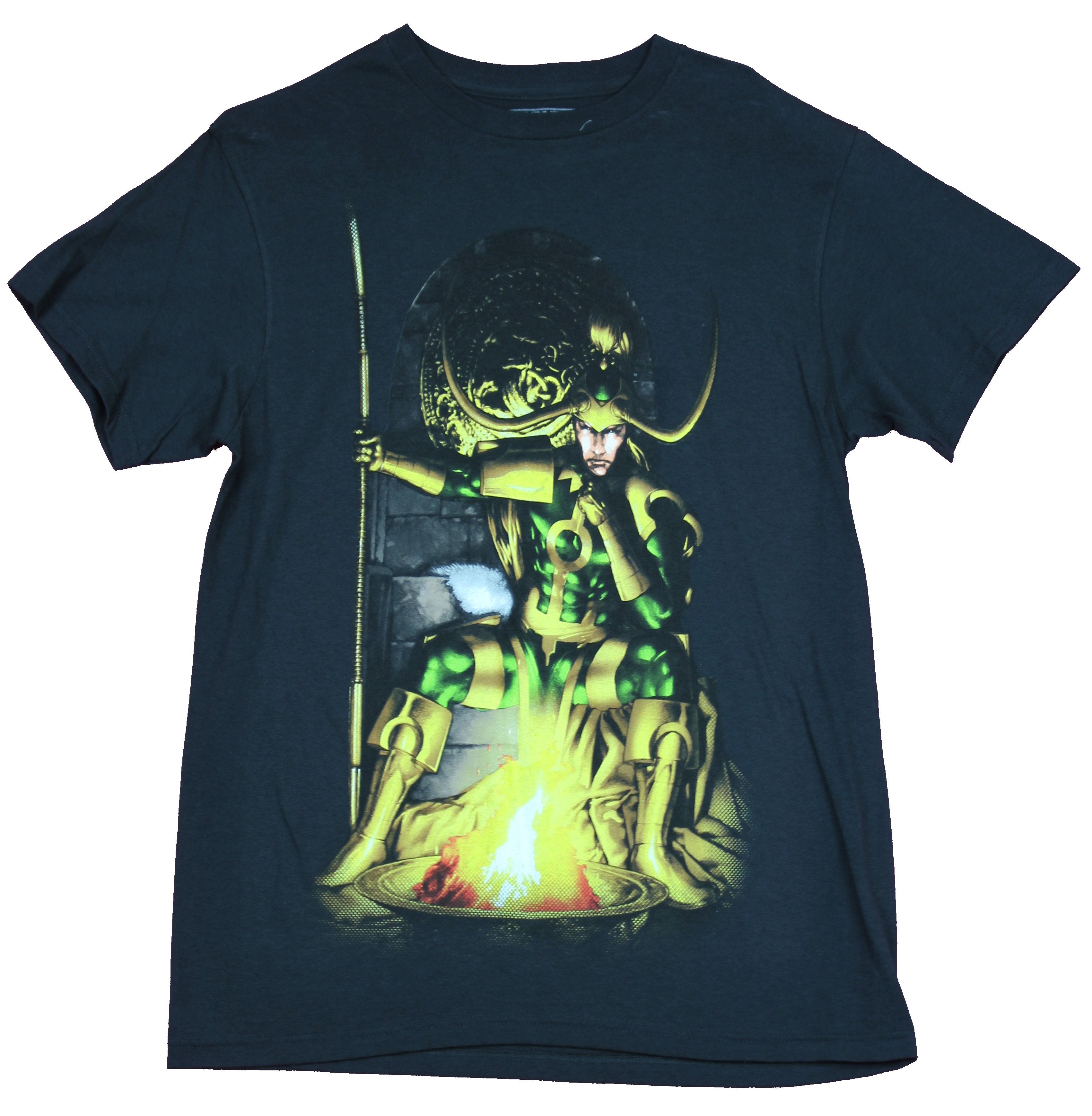 Thor Marvel Comics Mens T-Shirt - Seated Loki At Fire Image