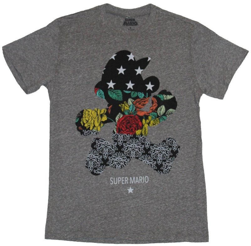 Super Mario Brothers Mens T-Shirt - Mario Silhouette Floral Filled Image