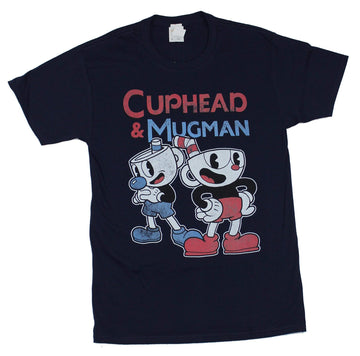 Cuphead Mens T-Shirt - Cuphead & mugman standing Under Logo Image
