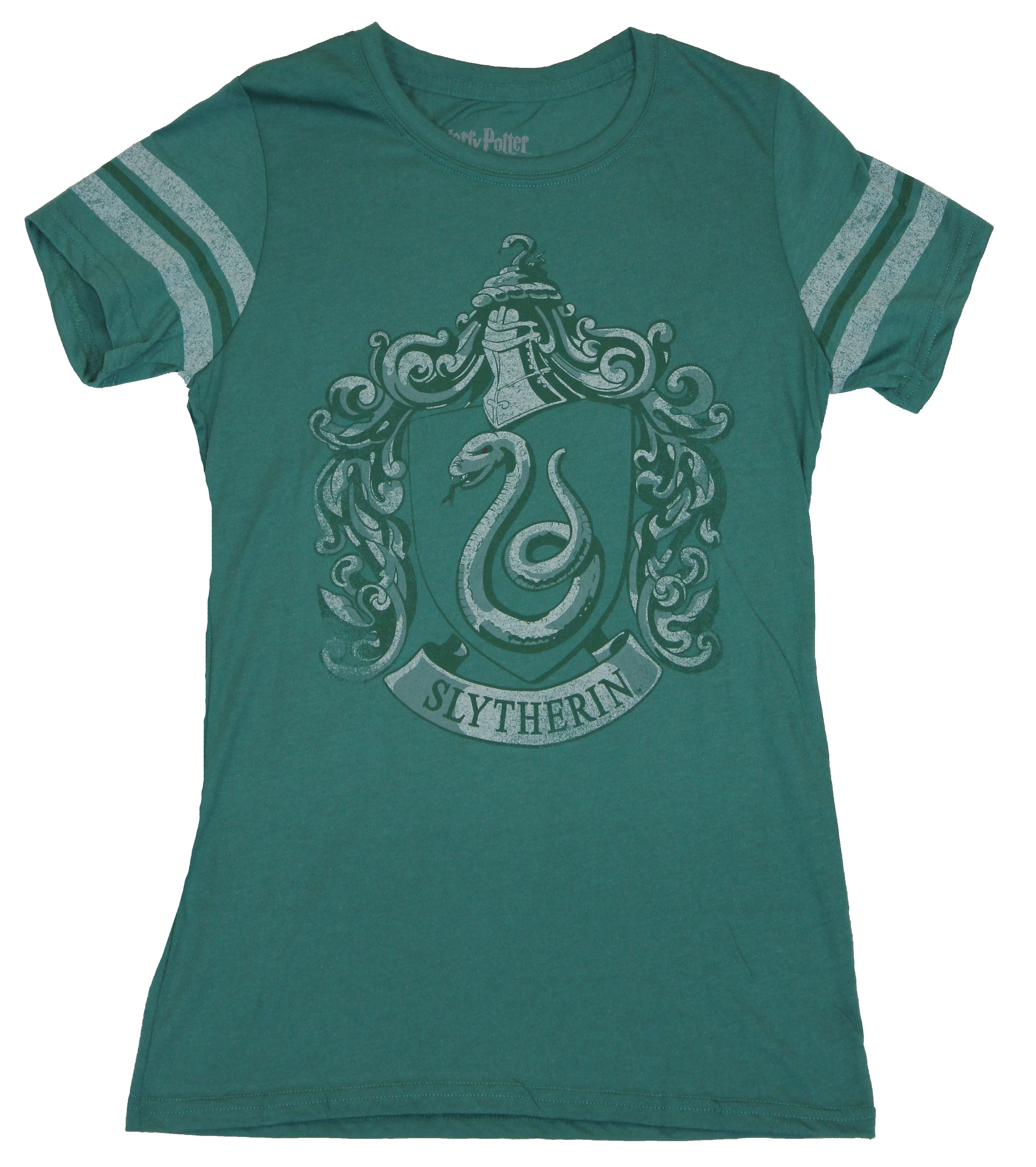 Harry Potter Girls Juniors T-Shirt - Distressed Slytherin Shield  Varsity Style