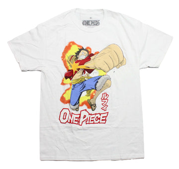 One PIece Mens T-Shirt - Fierce Fiery Fighting Pose over Kanji