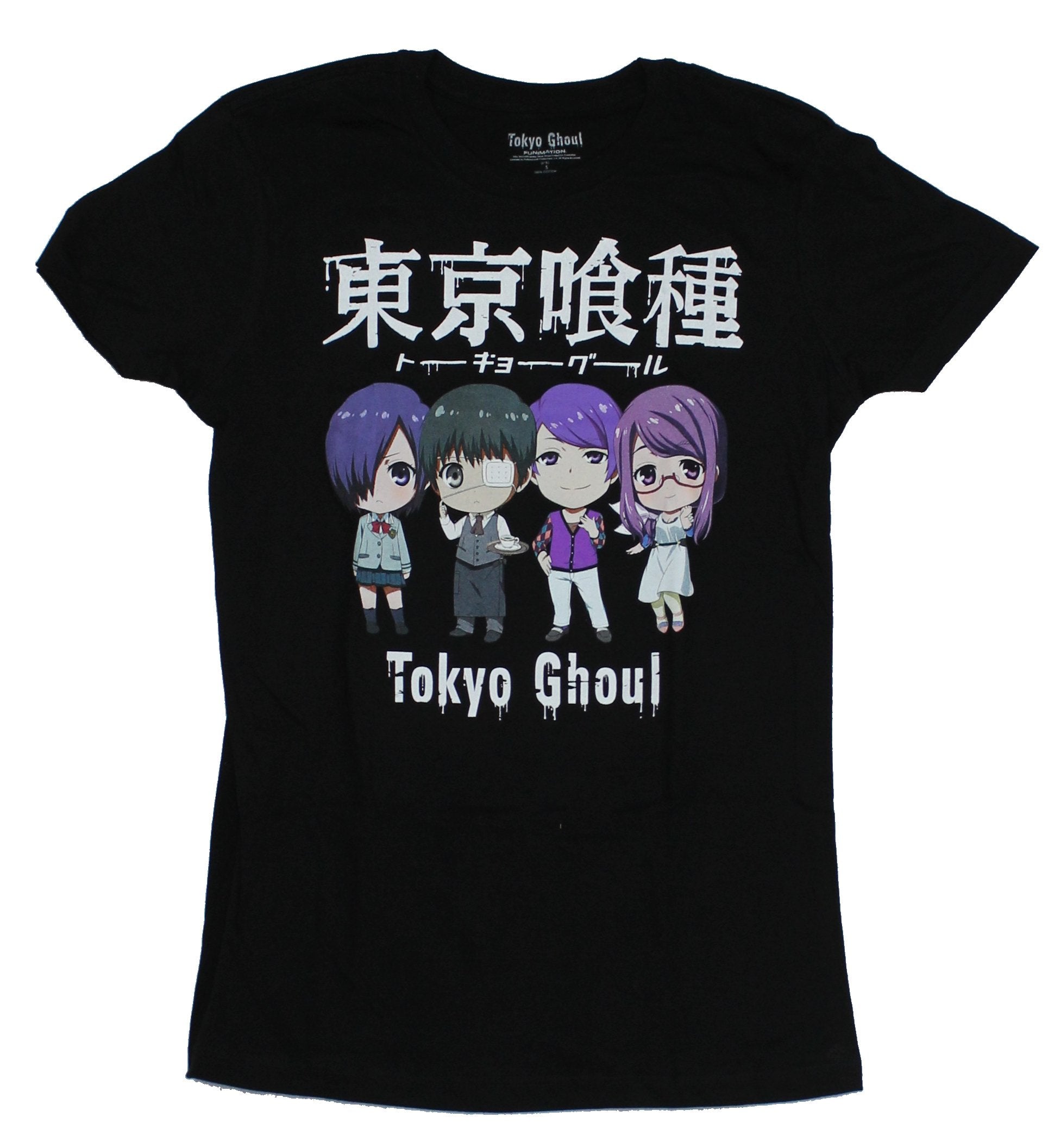 Tokyo Ghoul Girls Juniors T-Shirt - 4 Chibi Character Under Kanji Logo