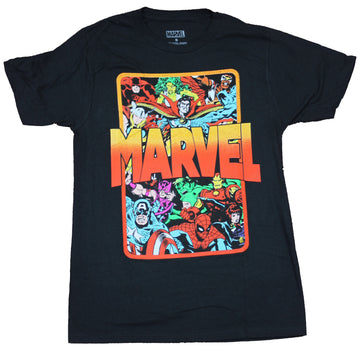 Marvel Comics Mens T-Shirt  - Marvel Orangish Logo Rectangle Full Of Heroes
