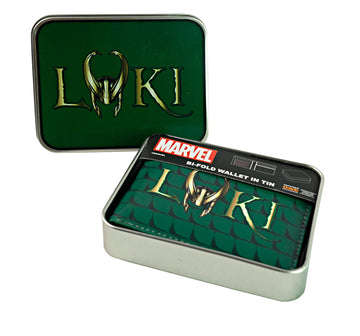 Marvel's Loki Name & Helmet Faux Leather Bifold Wallet in Decorative Tin Case