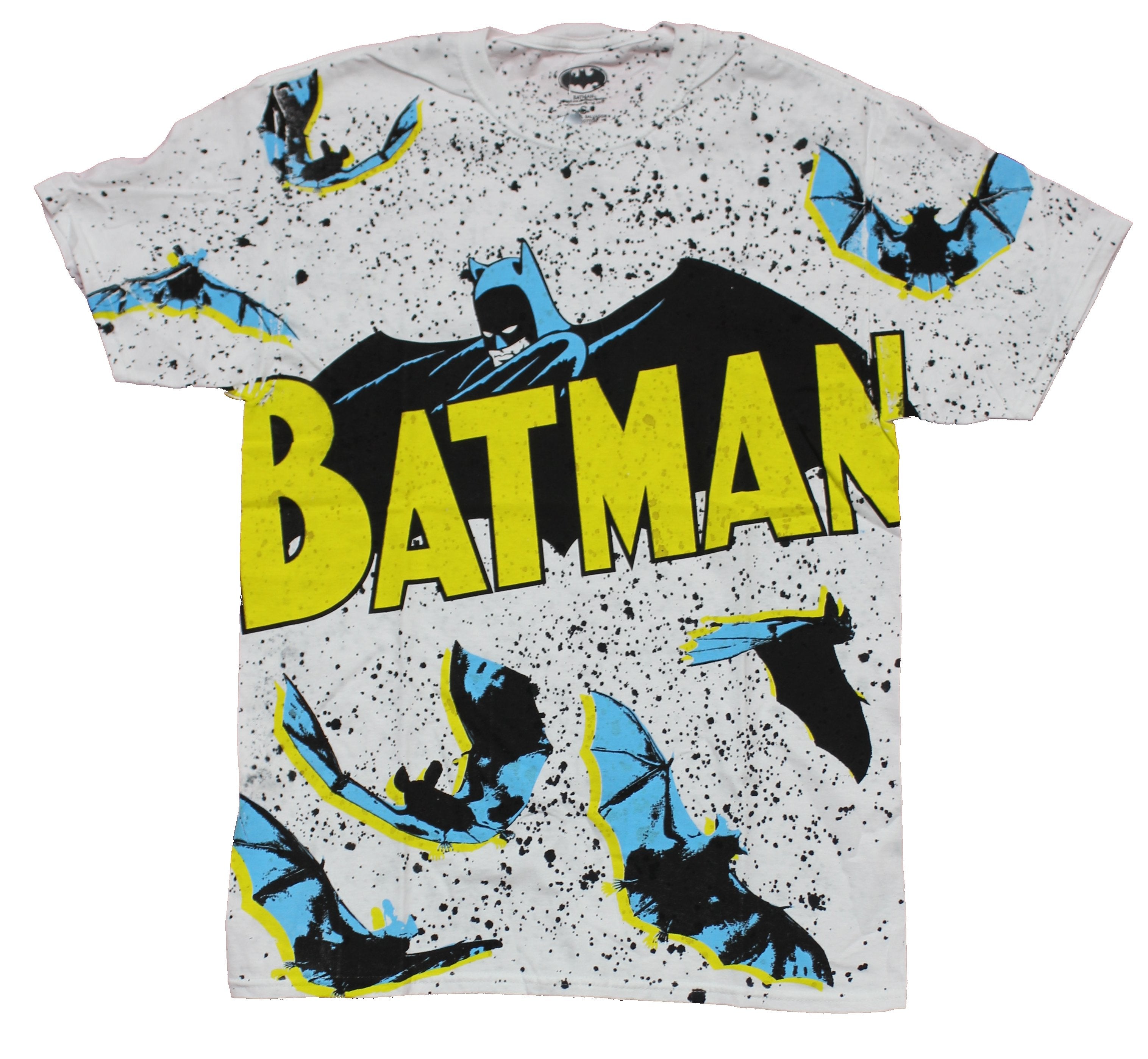 Batman  Mens T-Shirt - Bathead Logo and Bats Allover Splatter