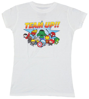 Marvel Comics Girls Juniors T-Shirt - Team Up Super Cute Marvel Buddies Image