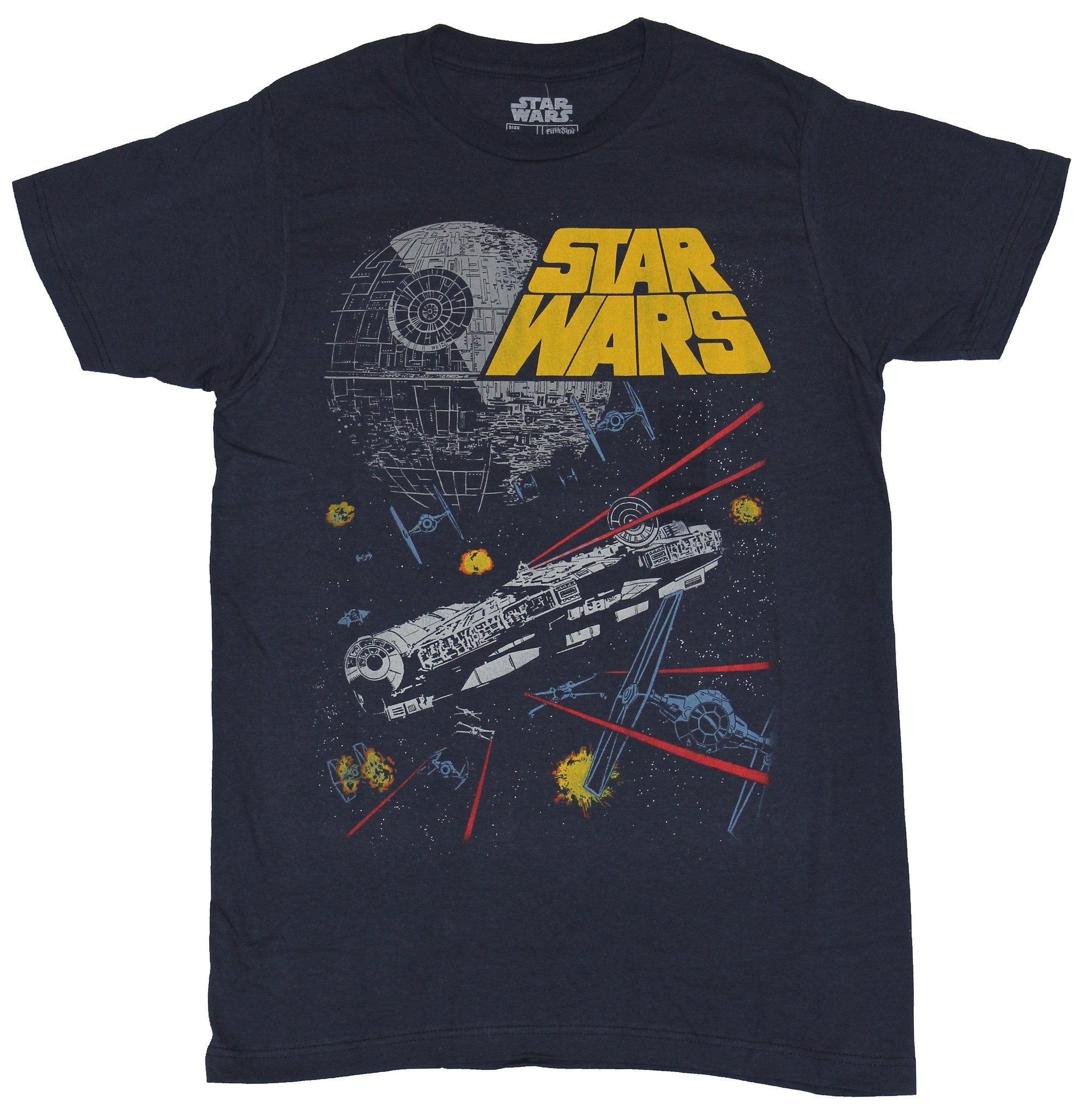 Star Wars  Mens T-Shirt - Orange Word Logo Millennium Falcon Death Star Run