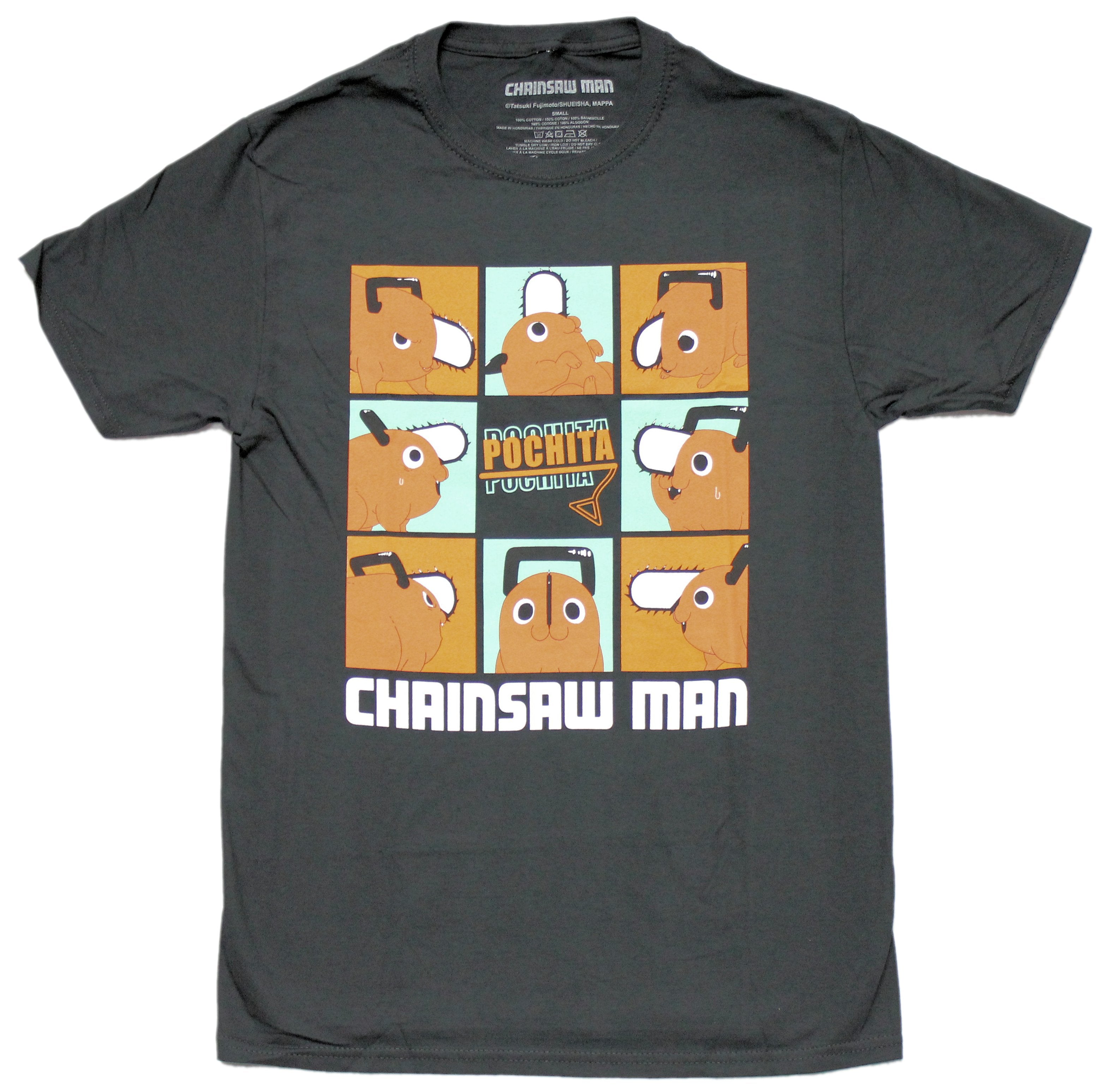 Chainsaw Man mens T-Shirt - Boxed Images of Pochita Around Name