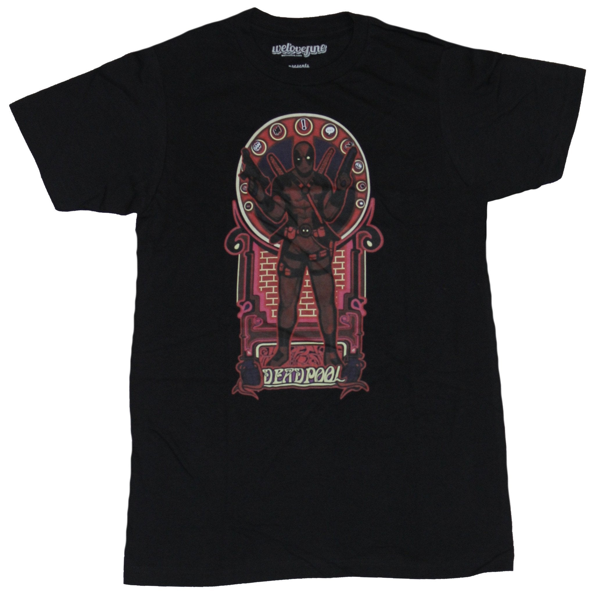 Deadpool (Marvel Comics) Mens T-Shirt - Brick Backed Art Nouveau Guns Up Image