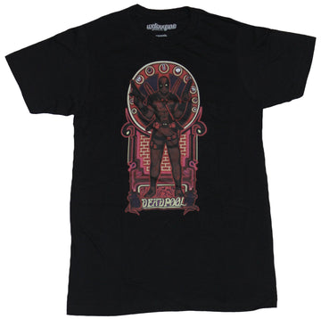 Deadpool (Marvel Comics) Mens T-Shirt - Brick Backed Art Nouveau Guns Up Image