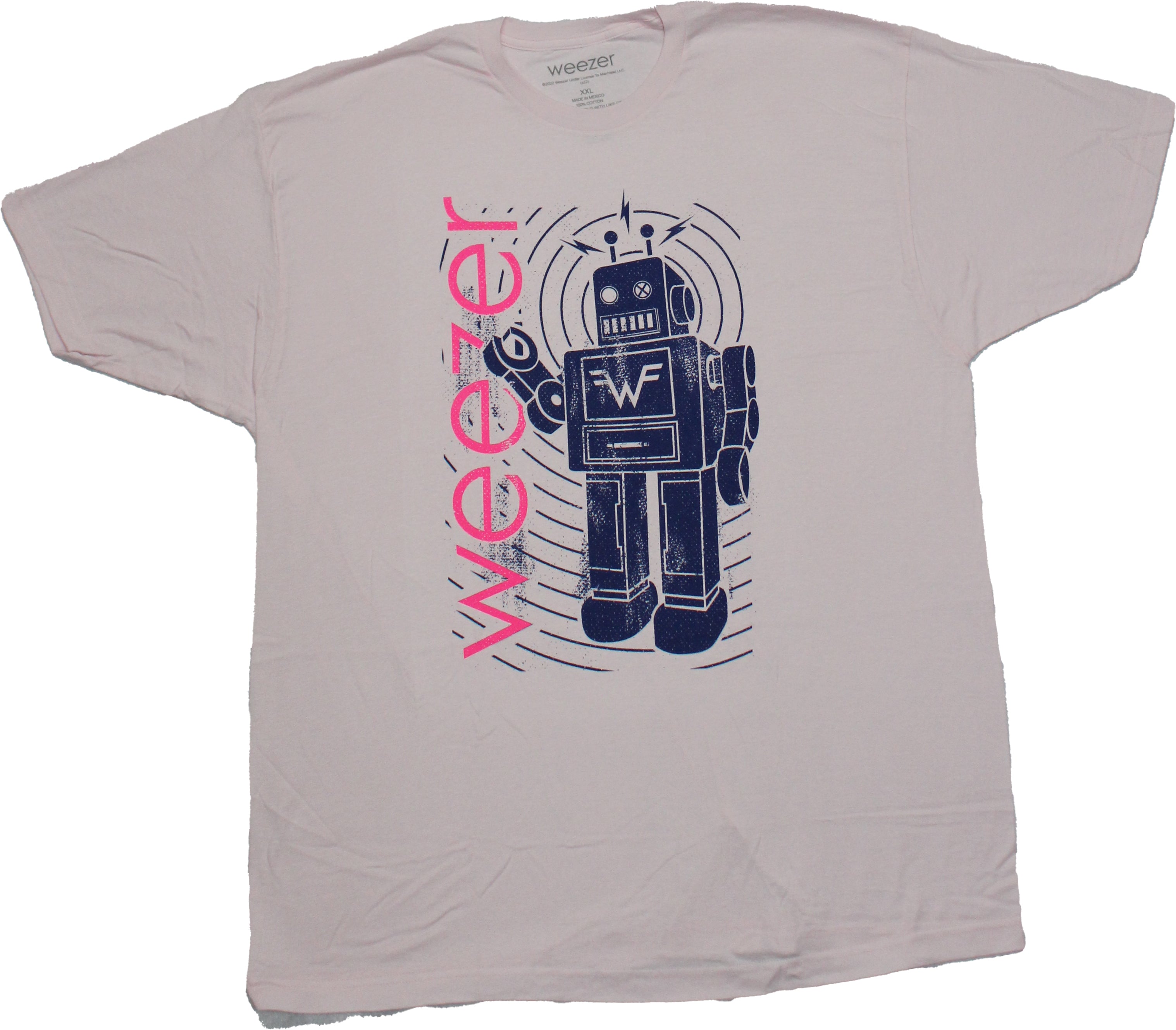 Weezer Mens T-Shirt - Distressed Robot Pink Name Logo