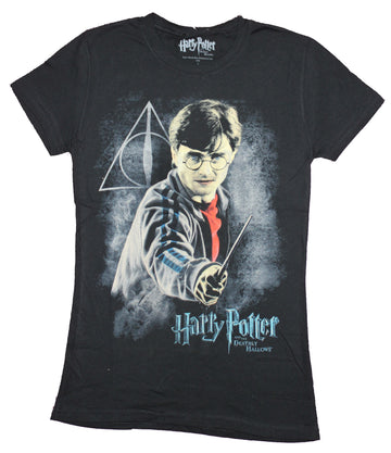 Harry Potter Girls Juniors  T-Shirt - Harry Wielding Wand Over Mist