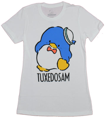 Tuxedosam Girls Juniors T-Shirt -Sanrio's Blue Penguin Over Title