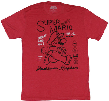 Super Mario Brothers Mens T-Shirt - Outlined Mario Over Mushroom Kingdom