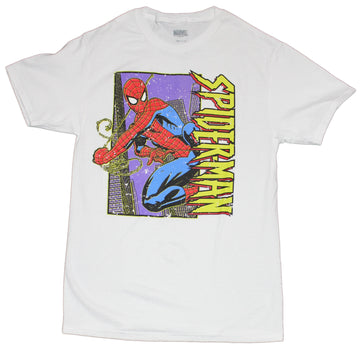 Spider-man Mens T-Shirt - Flying In Purple City Vertical Logo
