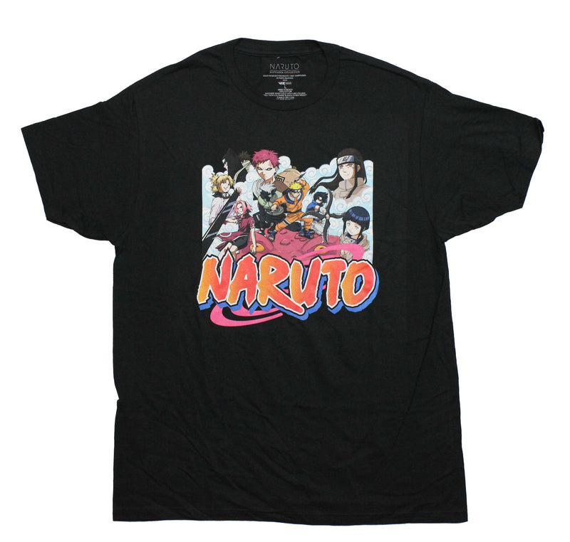 Naruto Shippuden Mens T-Shirt -Cast Standing on Pink Dragon Among Clouds