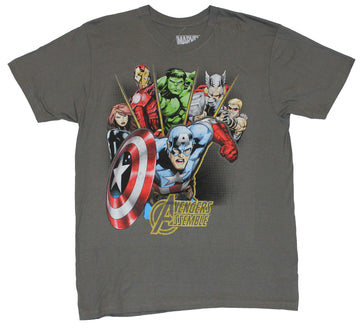The Avengers Mens T-Shirt - "Assemble" Cap Under 5 Heroes In Sunburst Pattern
