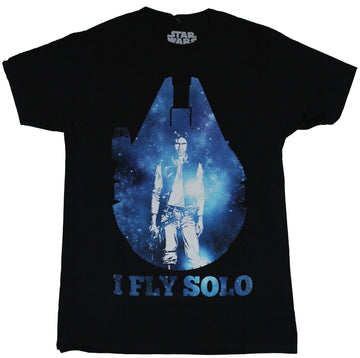 Star Wars Mens T-Shirt - I Fly Solo Han In Spacey Millennium Falcon Image