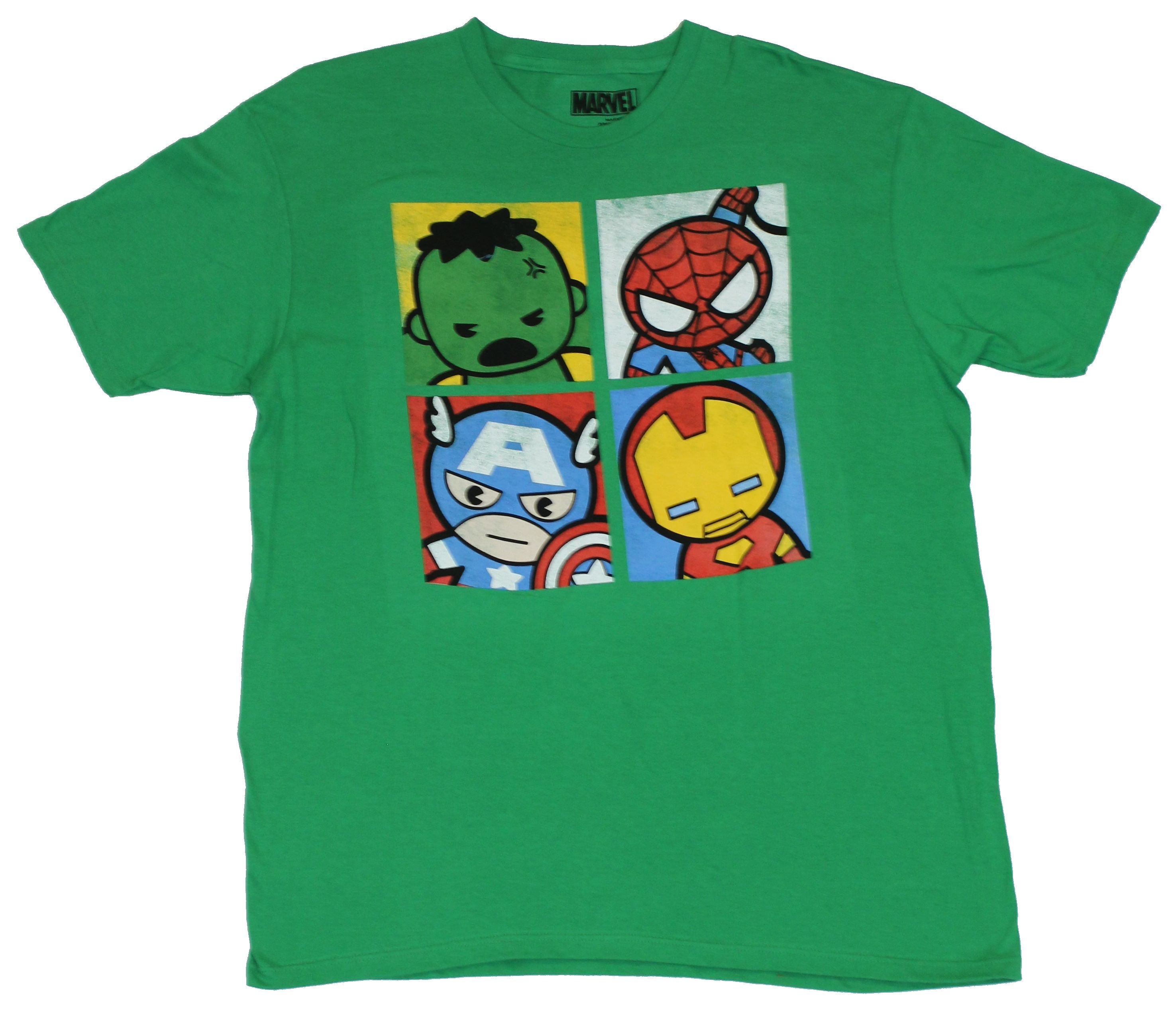 Marvel Comics Mens T-Shirt - 4 Box Big HeadCutie Hulk Spidey Cap & Iron Man