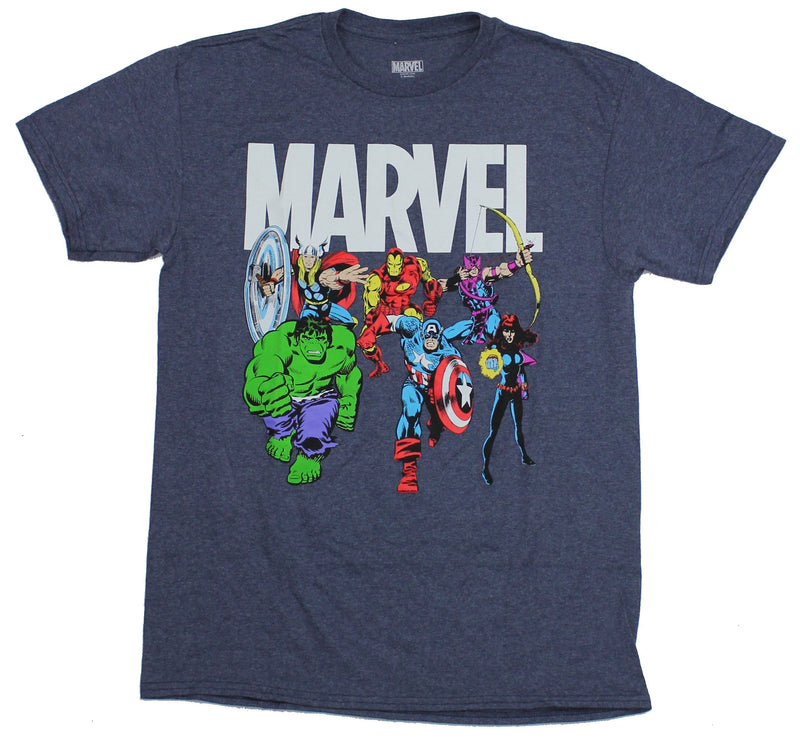 Marvel Comics Mens T-Shirt - Rushing Heroes Under Logo Image - Inmyparentsbasement.com