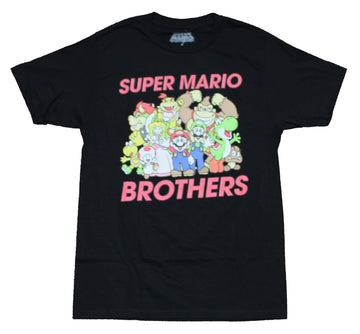 Super Mario Brothers Mens T-Shirt - Giant Smiling Character Pile Between Red Logo
