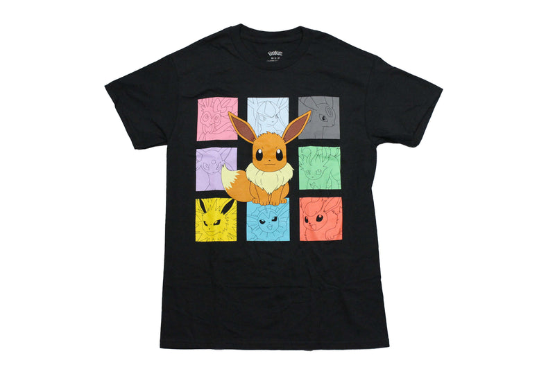Pokemon Mens T-Shirt - Eevee Surrounded by Colorful 8 Boxed Characters - Inmyparentsbasement.com