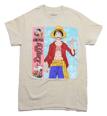 One Piece Mens T-Shirt - Luffy Waving Standing in Front of Map