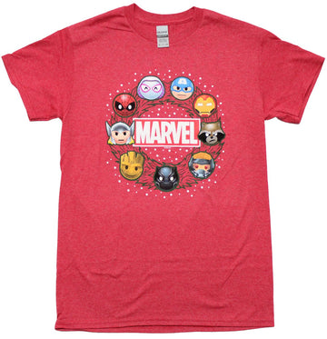 Marvel Comics Mens T-Shirt - Chibi Heads On Christmas Wreath