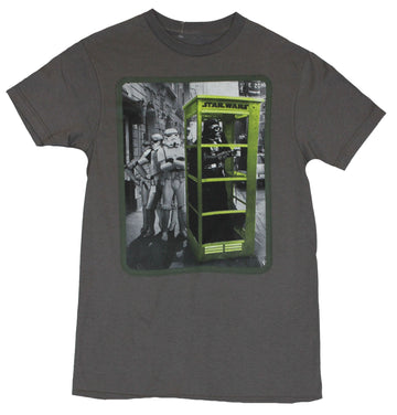 Star Wars Mens T-Shirt - Darth Vader in A Yellow Phone Booth Holding Things Up
