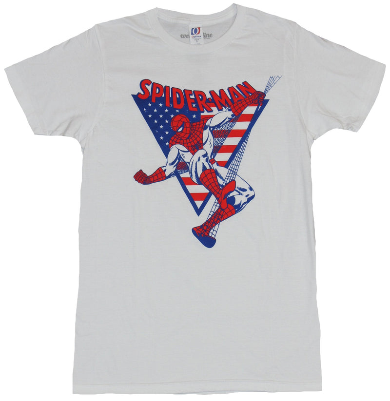 Spider-Man (Marvel Comics) Mens T-Shirt- Red White & Blue Swing Triangle Image - Inmyparentsbasement.com