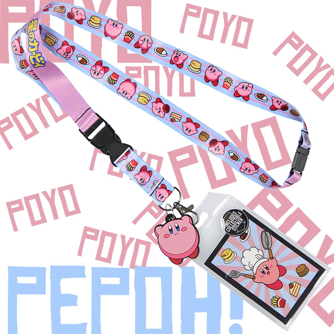 Bioworld Kirby Pink Hero Reversible ID Lanyard Badge Holder with Rubber Kirby Charm and Collectible Sticker