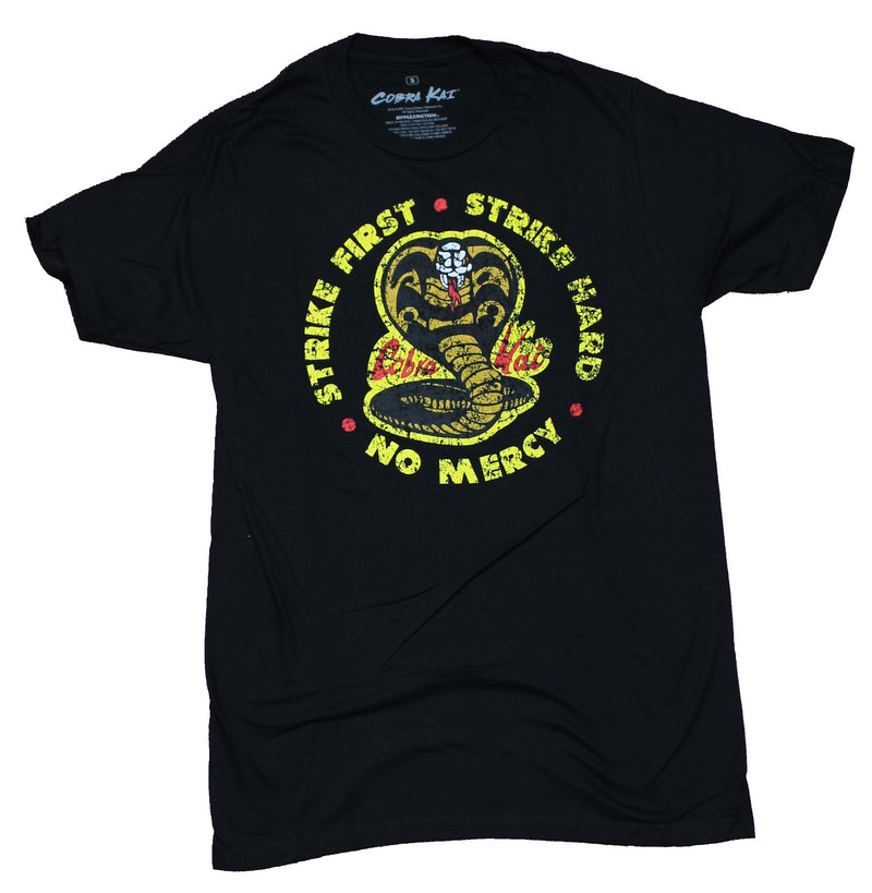 Cobra Kai Mens T-Shirt - Strike First Strike Hard No Mercy Distressed Logo