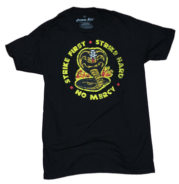 Cobra Kai Mens T-Shirt - Strike First Strike Hard No Mercy Distressed Logo