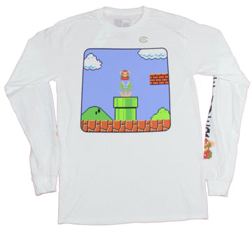 Super Mario Mens Long Sleeve T-Shirt - NES 8-Bit Piranha Plant Defeat
