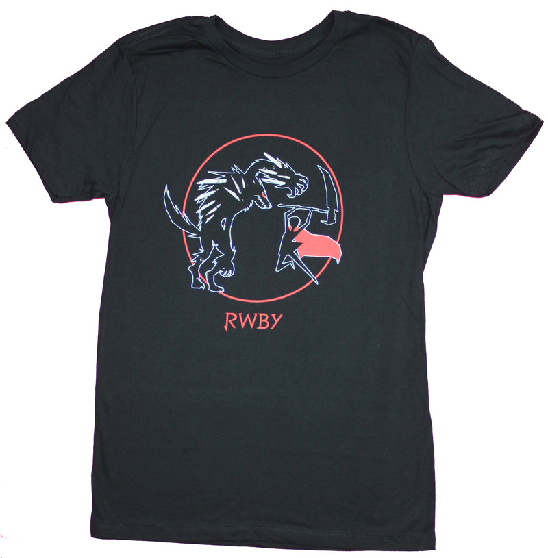 RWBY Mens T-Shirt - Ruby Jumping Attacking Beowolves Circle Image - Inmyparentsbasement.com