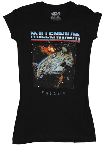 Star Wars Girls Juniors T-Shirt - Millennium Falcon Space Race Battle Image